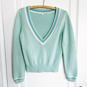 Boden Womens Mint Green Cotton V-Neck Cricket Crop Sweater Striped Trim Size 6